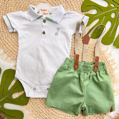 Conj. Body Gola Polo e Bermuda com Suspensório - Off White e Verde Conj. Body Gola Polo e Bermuda com Suspensório - Off White e Verde